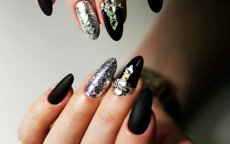 Add Rhinestones to Black Prom Nails