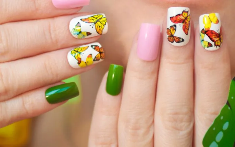 White Nails with Butterflies